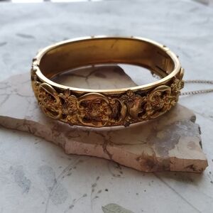 Antique Art Nouveau Hinged Bangle Bracelet With Safety Chain